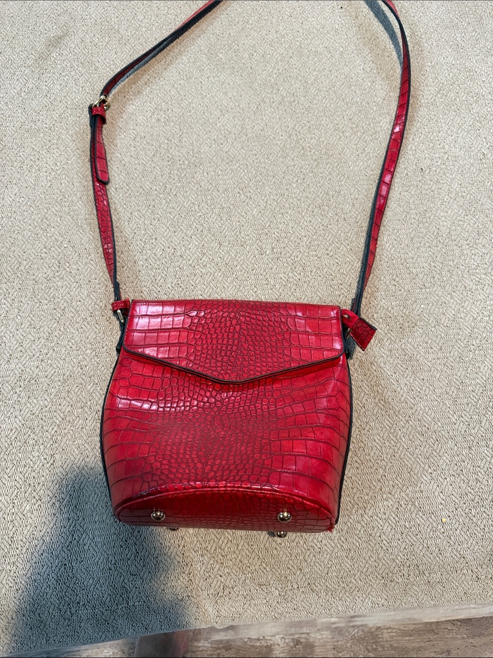 Red Croc-Embossed Crossbody Bag with Adjustable Strap